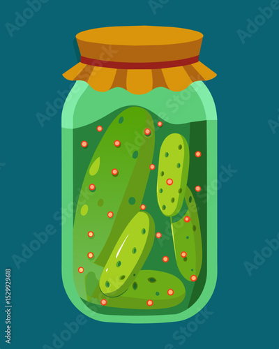 A jar of pickles with each pickle individually wrapped in plastic then sealed together in a large plastic bag.. Vector illustration