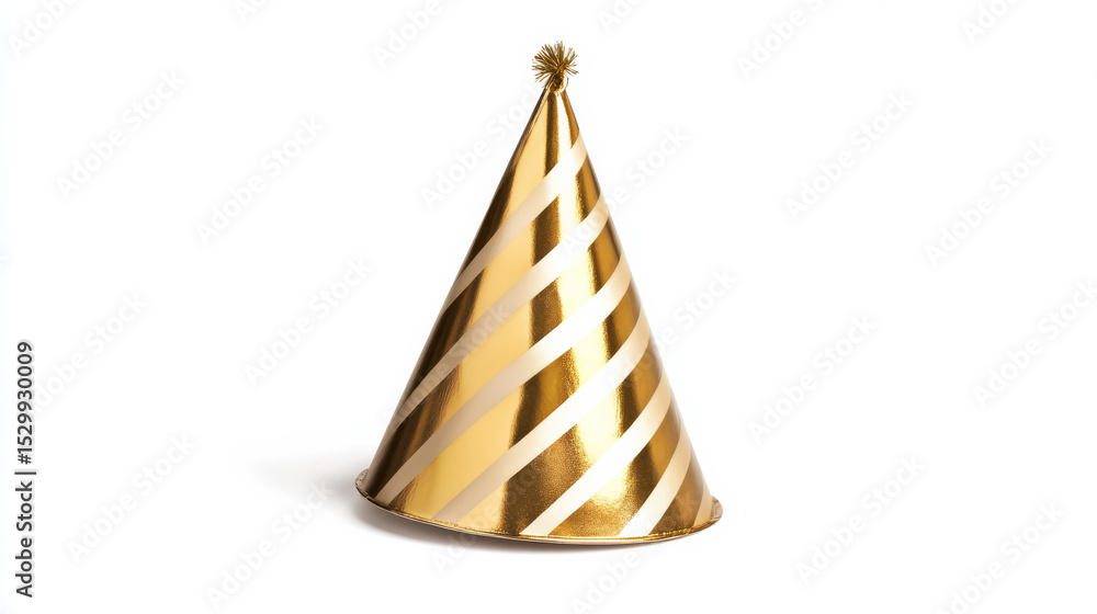 Fototapeta premium A shiny golden foil birthday hat with diagonal stripes, isolated with no background