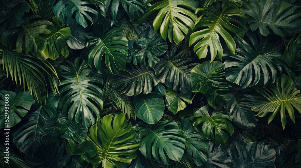 Lush array of tropical leaves fills the image. Lush array of tropical leaves fills the image.