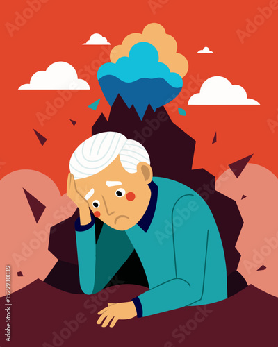 An elderly person buried under a landslide of painful memories their mind unable to escape the avalanche of hurtful words from the past.. Vector illustration