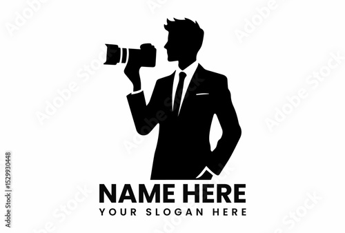 Professional black silhouette vector logo of male photographer holding camera for photography business branding
