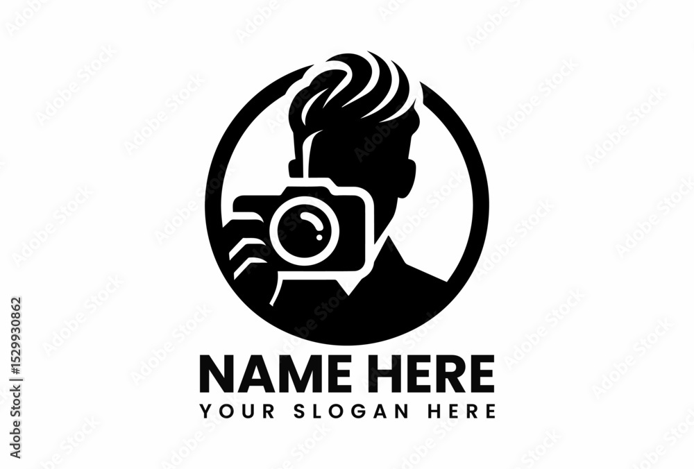 Obraz premium Minimalist black vector logo design featuring male visual artist holding professional camera ready for photoshoot