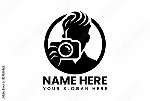 Minimalist black vector logo design featuring male visual artist holding professional camera ready for photoshoot