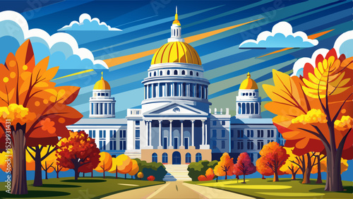 Scenic view of Wisconsin State Capitol building with blue sky and autumn trees in Madison, Wisconsin Very beautiful