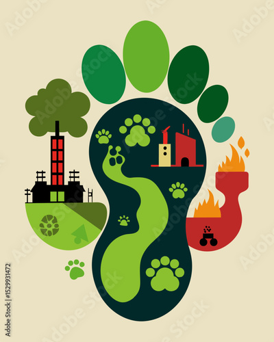 A footprint composed of various toxic chemicals and pollutants representing the damage caused by industrial waste.. Vector illustration