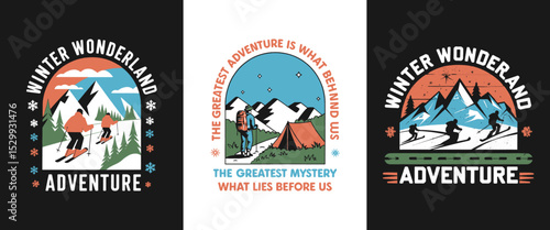 Winter Wonderland Adventure Skiing and Camping in the Mountains Vector Illustration