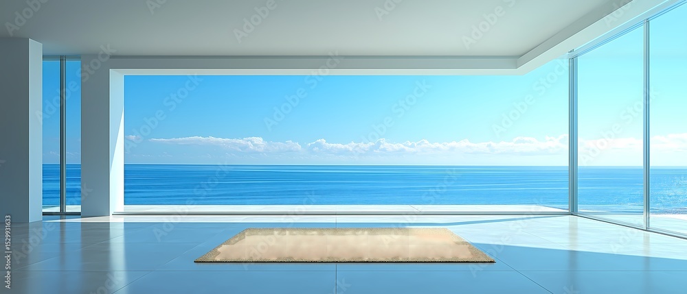 Fototapeta premium A minimalist living room featuring a single beige rug in the center of the room. The surrounding area is completely empty, emphasizing clean, open floor space and natural light