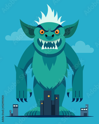 As it fully emerges the trolllike creature towers over everything a menacing reminder that not everything in the digital world is friendly.. Vector illustration