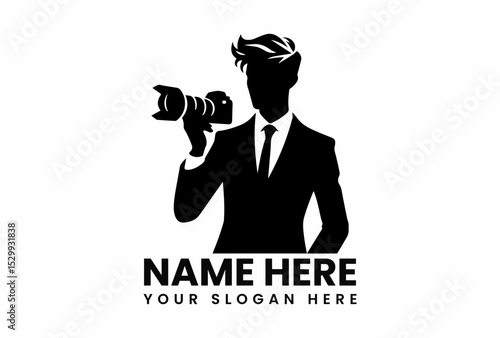 Minimalist black vector logo design featuring male visual artist holding professional camera ready for photoshoot