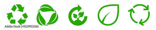 Set of eco icons featuring recycle symbol, leaf shapes, circular arrows, and sustainability signs. Ideal for environmental, renewable energy. Recycle, reusing, recycling, icon, ecology, environment.