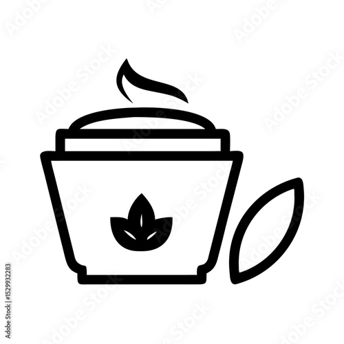 Black cream jar with leaf and loose leaf symbol in minimalist style