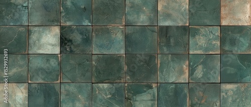 Wallpaper Mural A close-up shot reveals a grid of square tiles, each exhibiting a unique blend of teal, green, and brown hues. Subtle variations in color and texture create a visually appealing, rustic aesthetic Torontodigital.ca