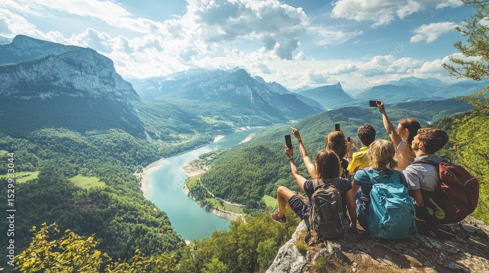 Fototapeta premium Group of friends enjoying a scenic mountain vista.
