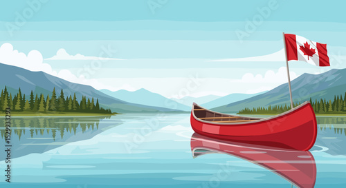 Red canoe with Canadian flag on calm lake in mountainous landscape  