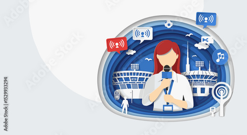 Female sports journalist reporting with microphone at stadium backdrop  