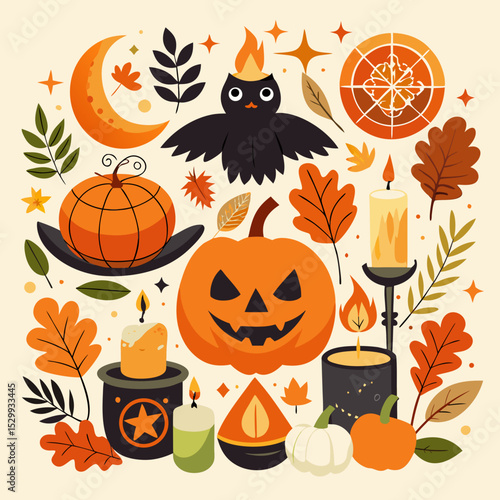 Samhain Pagan Festival Vector with Celtic Symbols and Autumn Elements on White Background