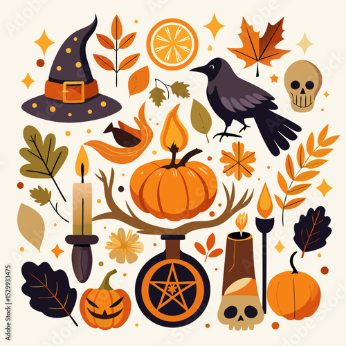Samhain Pagan Festival Vector with Celtic Symbols and Autumn Elements on White Background