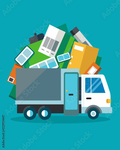 A garbage truck overflowing with discarded laptops printers and other electronic waste.. Vector illustration
