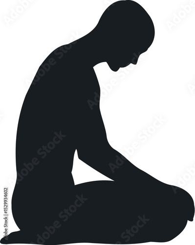 A silhouette of a person kneeling with their head bowed on a white background