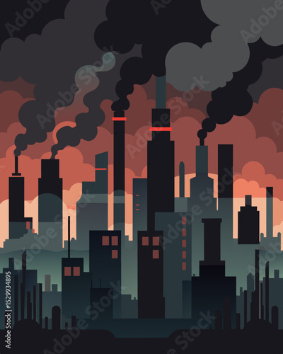 A dark smogfilled city skyline symbolizing the depletion of clean air and the pollution created by overproduction and industrialization.. Vector illustration
