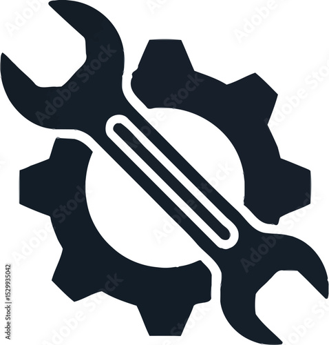A dark gear and wrench symbol on a white background with precision works text