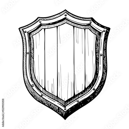 Vintage wooden shield illustration in detailed black and white  