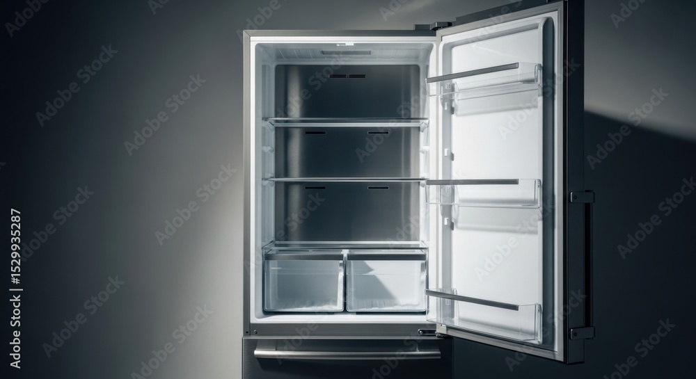 Modern stainless steel refrigerator with open doors in minimalist kitchen setting Modern stainless steel refrigerator with open doors in minimalist kitchen setting