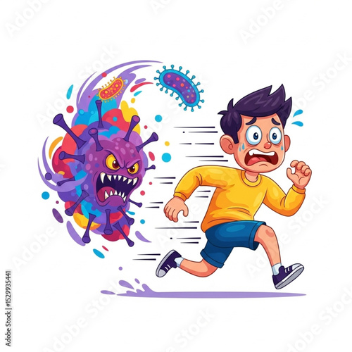 Cartoon Scared Man Running from Germs Vector Illustration