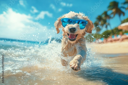 Under palm trees on the coast, a cute puppy runs along the sand while wearing a hat and sunglasses
