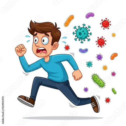 Cartoon Scared Man Running from Germs Vector Illustration