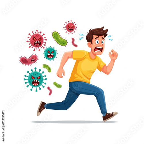 Cartoon Scared Man Running from Germs Vector Illustration