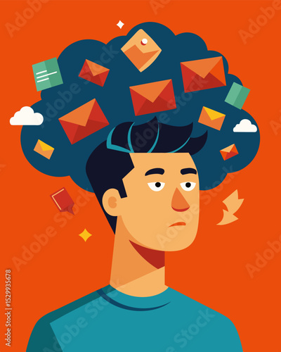 The constant barrage of emails and notifications flooded his mind making it impossible to focus on anything else.. Vector illustration