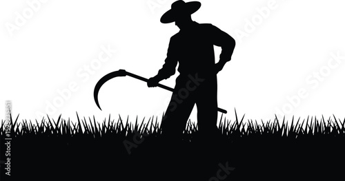 Silhouette of a farmer with a scythe in a field of grass against white back