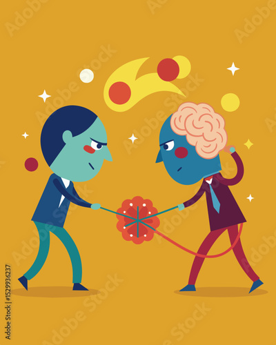 An internal conflict between logic and intuition resulting in a cognitive tugofwar.. Vector illustration
