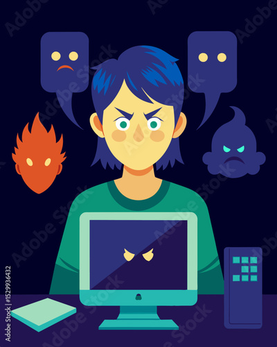 The glow of a computer screen illuminates the face of someone visibly distressed trying to ignore the cyberbullying and hate being thrown their way.. Vector illustration