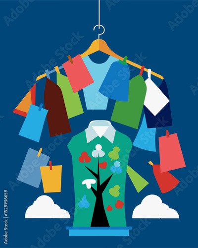 A classroom project transforms discarded clothing into a beautiful art installation raising awareness about the impact of fast fashion on the environment.. Vector illustration
