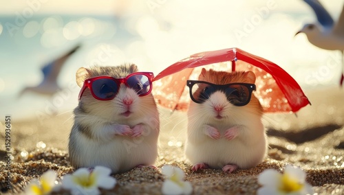 At a seaside resort, two mice are lounging on the beach with cocktails, and some hamsters are taking time to sunbathe while on their vacation