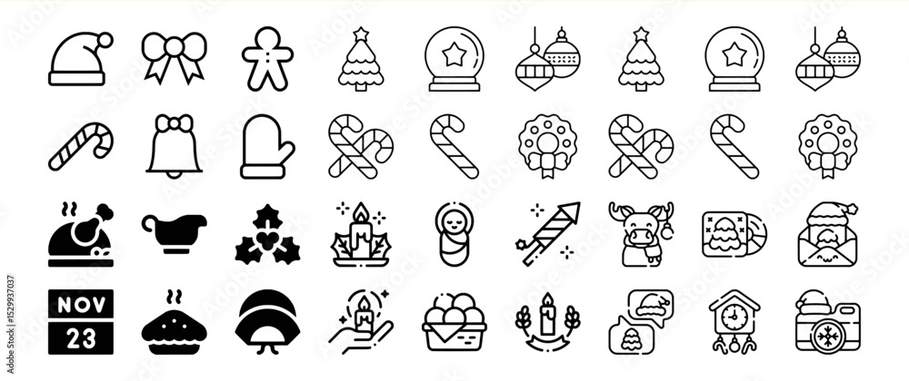 Fototapeta premium A collection of Christmas and winter holiday icons, including Santa hats, candy canes, Christmas trees, ornaments, and more.