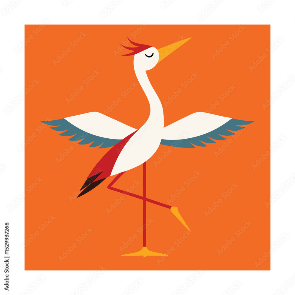 Obraz premium Elegant stylized bird crane illustration posing with wings spread against a vibrant orange backdrop