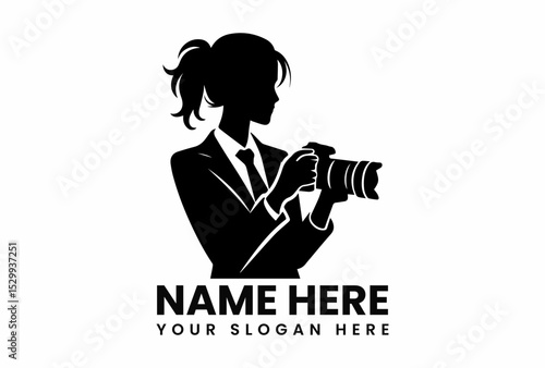 Professional female silhouette in a suit holding a camera, representing a photographer or visual artist. Photography concept