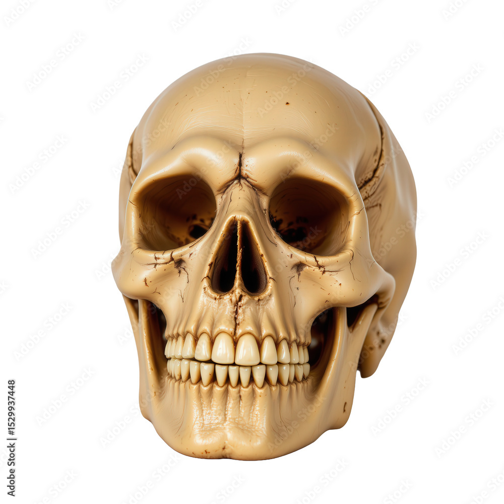Realistic human skull model with detailed features showcasing anatomy and dental structure for educational purposes Realistic human skull model with detailed features showcasing anatomy and dental structure for educational purposes