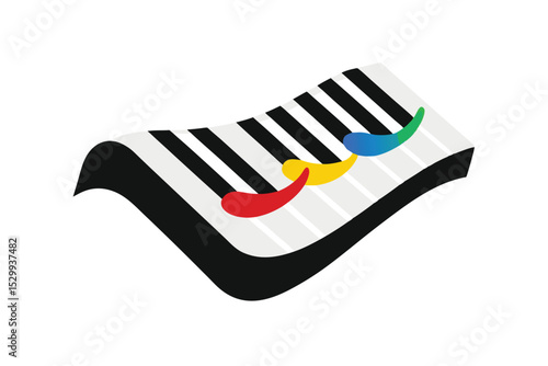 3D Piano Keyboard with Wavy Design and Music Notes Illustration 