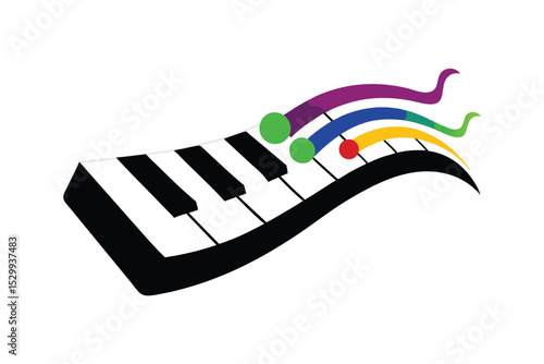 3D Piano Keyboard with Wavy Design and Music Notes Illustration 