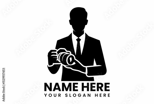 Stylized black silhouette vector logo of professional male photographer with camera for creative studio branding