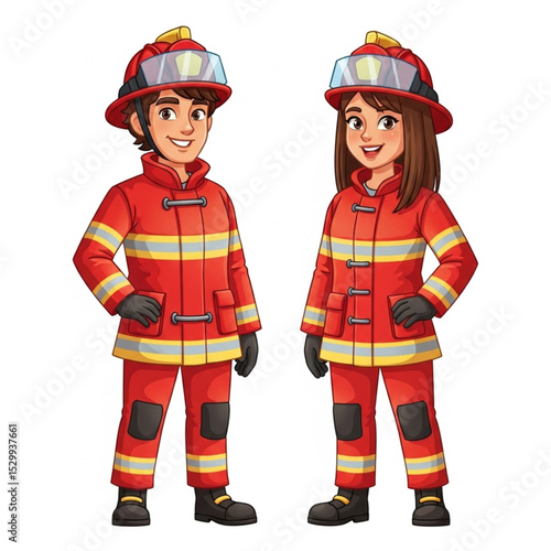 Cartoon Young Firefighter Man and Woman Wearing Uniform – Vector Safety Characters