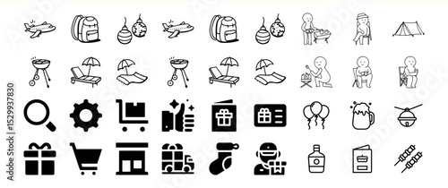 A diverse collection of icons representing travel, leisure, celebrations, and e-commerce.