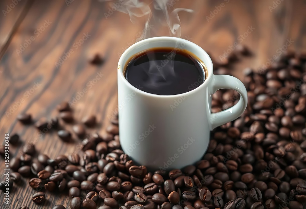 Fototapeta premium Steaming coffee in mug, coffee beans scattered on wood, close-up, rich
