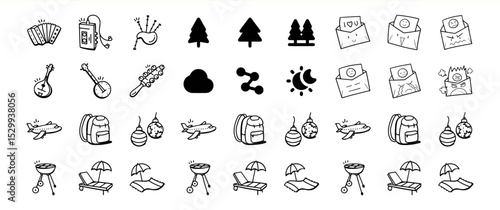 A collection of hand-drawn vector icons depicting various travel, music, and communication themes.