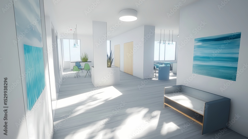 A modern beach house interior with a minimalist design, featuring light grey floors, white walls, abstract ocean-themed artwork, and sleek furniture with blue and green accents A modern beach house interior with a minimalist design, featuring light grey floors, white walls, abstract ocean-themed artwork, and sleek furniture with blue and green accents