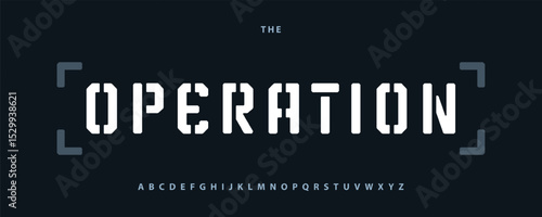 Techno alphabet, bold stencil lettering, cyber army typeface with tactical display typo, strong digital text for gaming headline strategy design. Vector typeset